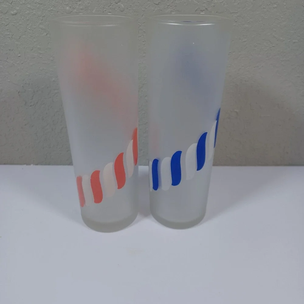 2‎ Libbey Frosted Tom Collins Glasses Blue Red Candy Stripes 12 OZS